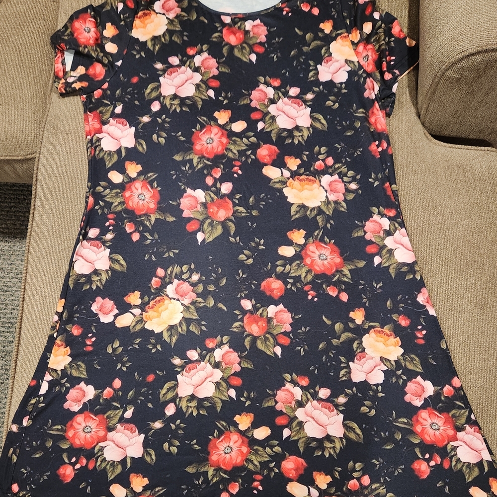Floral Casual Dress - Black with Pink and Orange